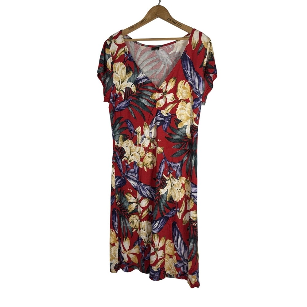 Lascana Venus Red tropical Floral Dress Midi Short Sleeve Day Dress Womens Large